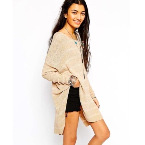 FREE PEOPLE, size L, striped tan & cream knit oversized tunic - Picture 1 of 9